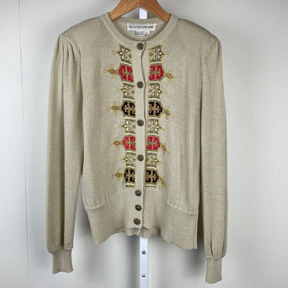 Vintage‎ Umi Collections Knit Sweater Applique Anne Crimmins Beige Small - Picture 2 of 8
